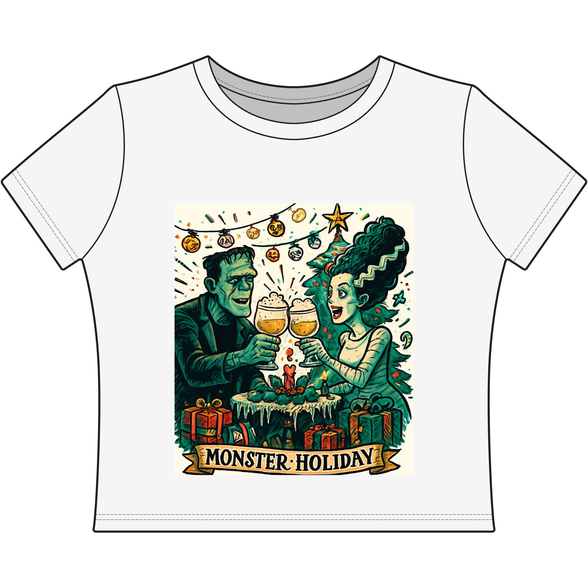 Monster Holiday Baby Tee — Vintage Frankenstein & Bride Christmas Shirt