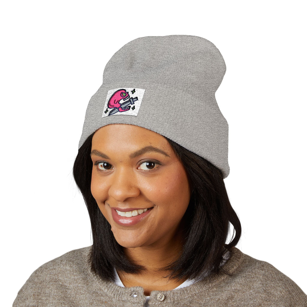 Embroidered Pink Alien Guitar Beanie – Cute Space Music Cuffed Hat