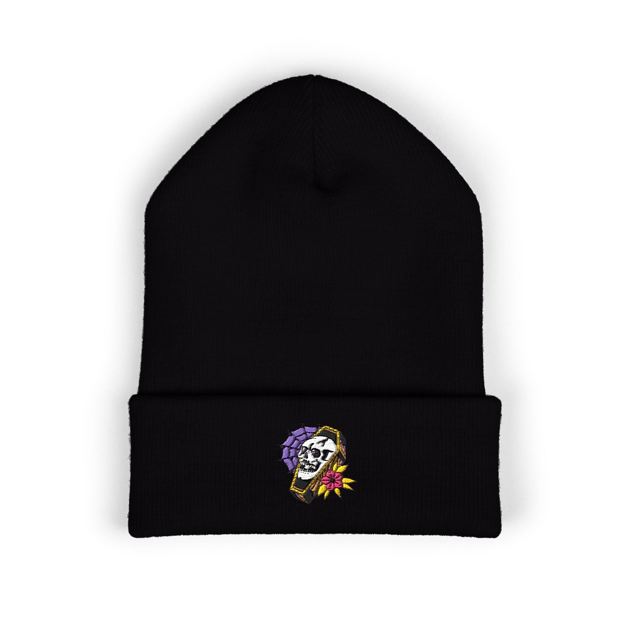 Embroidered Floral Skull Cuffed Beanie