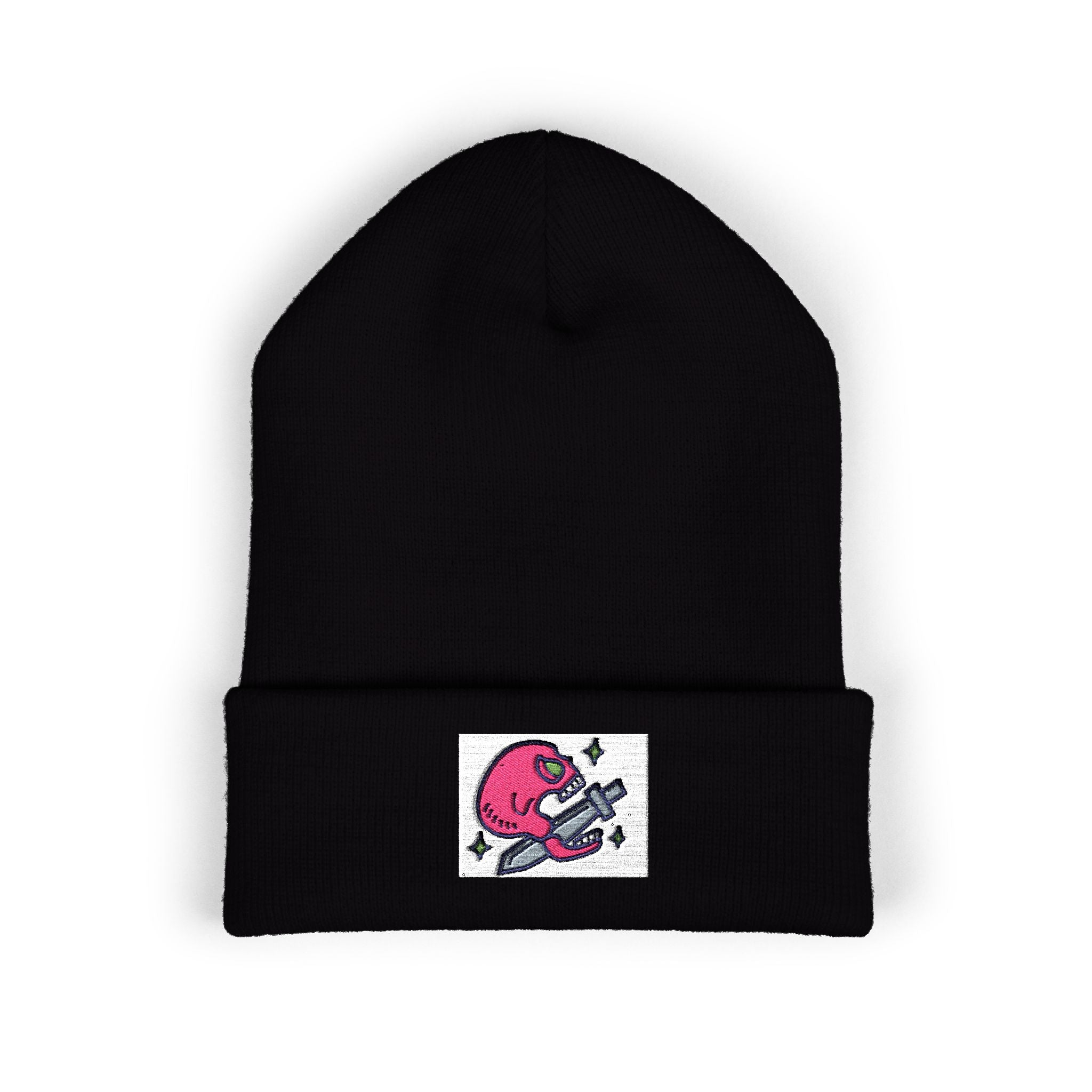 Embroidered Pink Alien Guitar Beanie – Cute Space Music Cuffed Hat