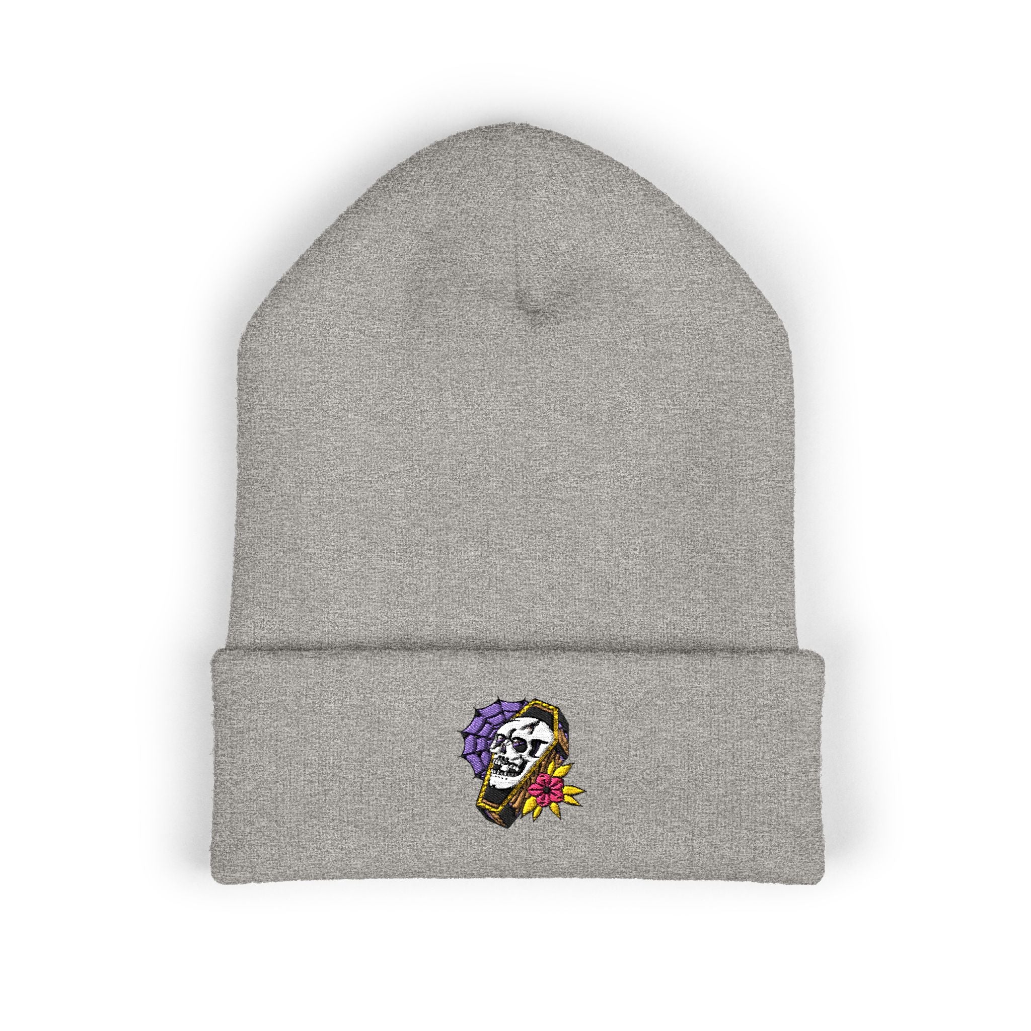 Embroidered Floral Skull Cuffed Beanie