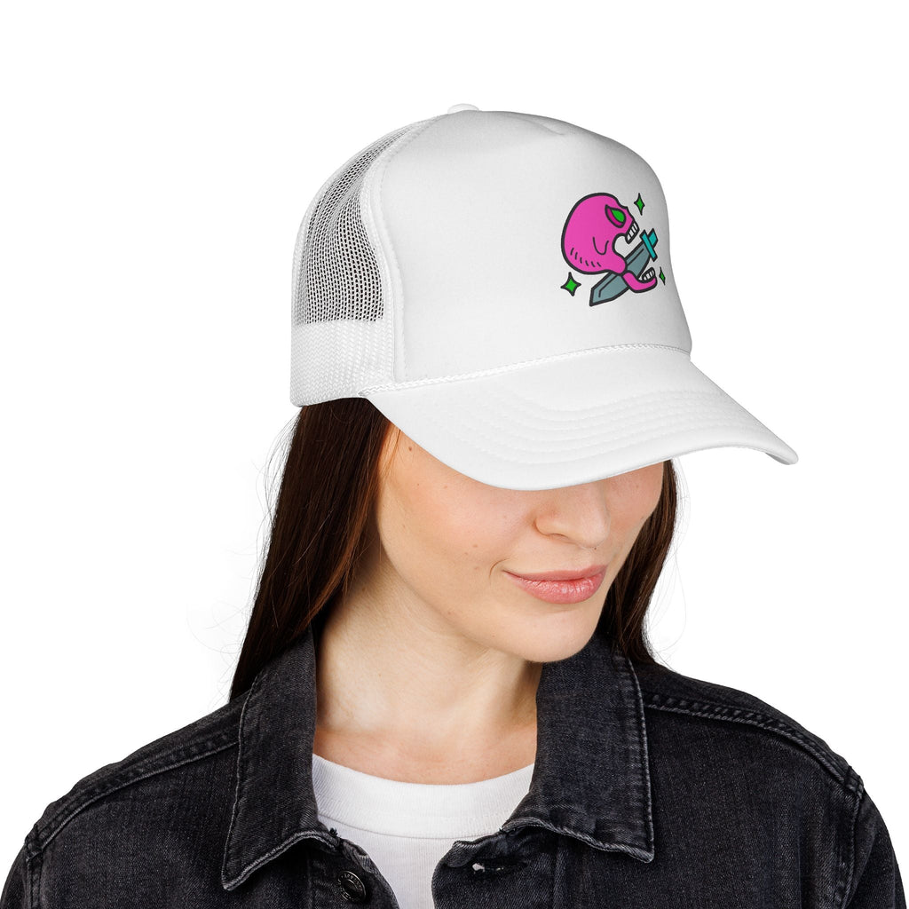 Pink Skull Dagger Trucker Cap — Retro Edgy Mesh Hat for Streetwear & Gifts