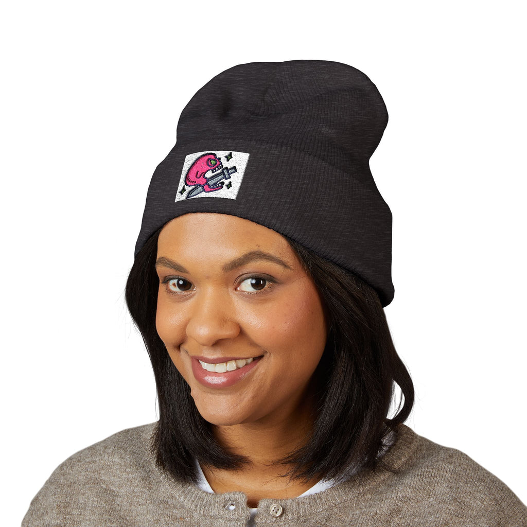 Embroidered Pink Alien Guitar Beanie – Cute Space Music Cuffed Hat