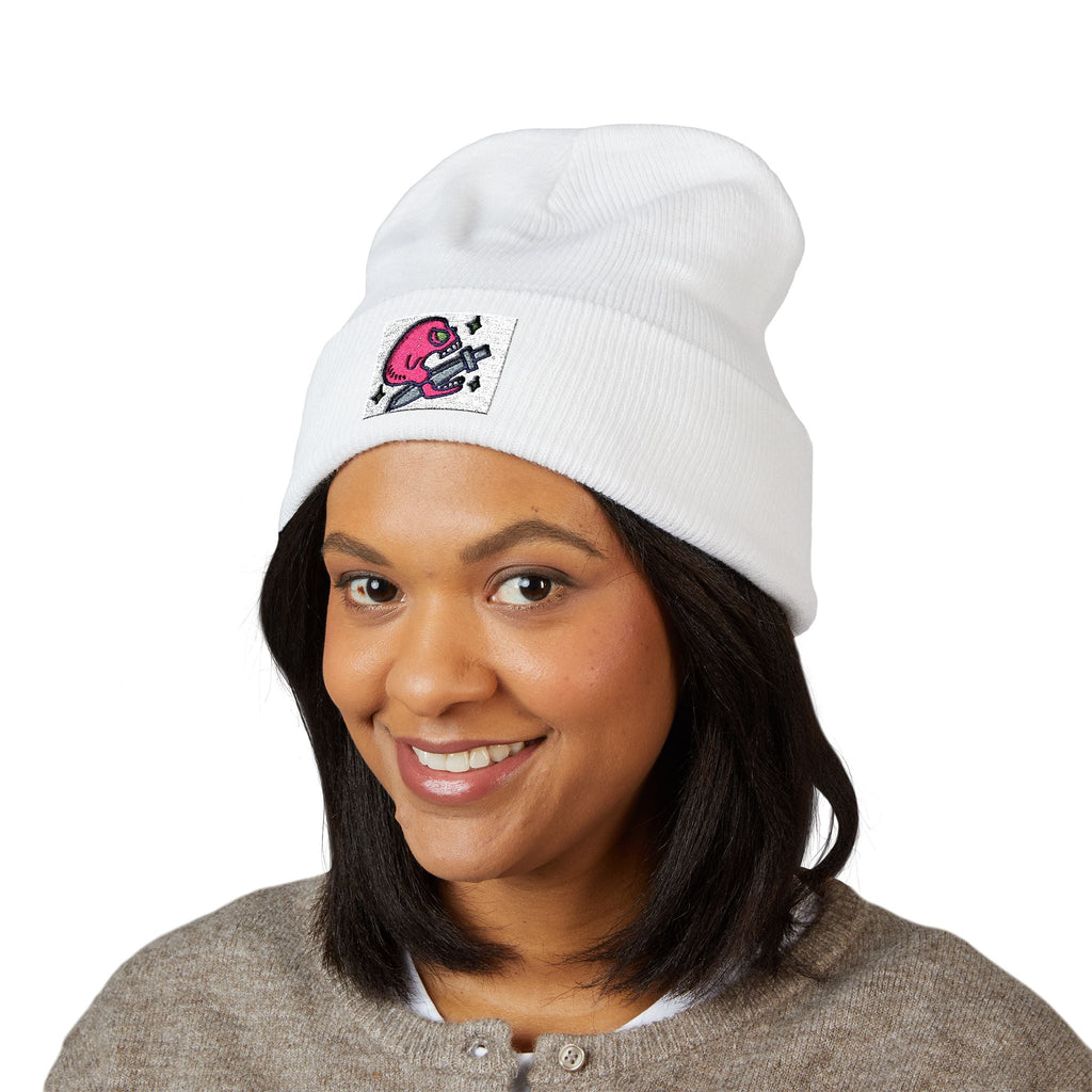 Embroidered Pink Alien Guitar Beanie – Cute Space Music Cuffed Hat