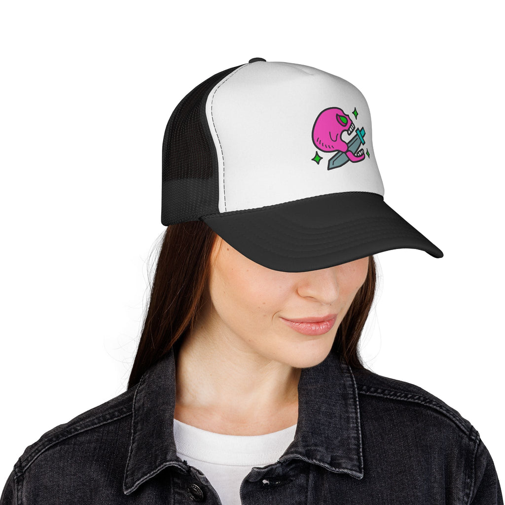 Pink Skull Dagger Trucker Cap — Retro Edgy Mesh Hat for Streetwear & Gifts