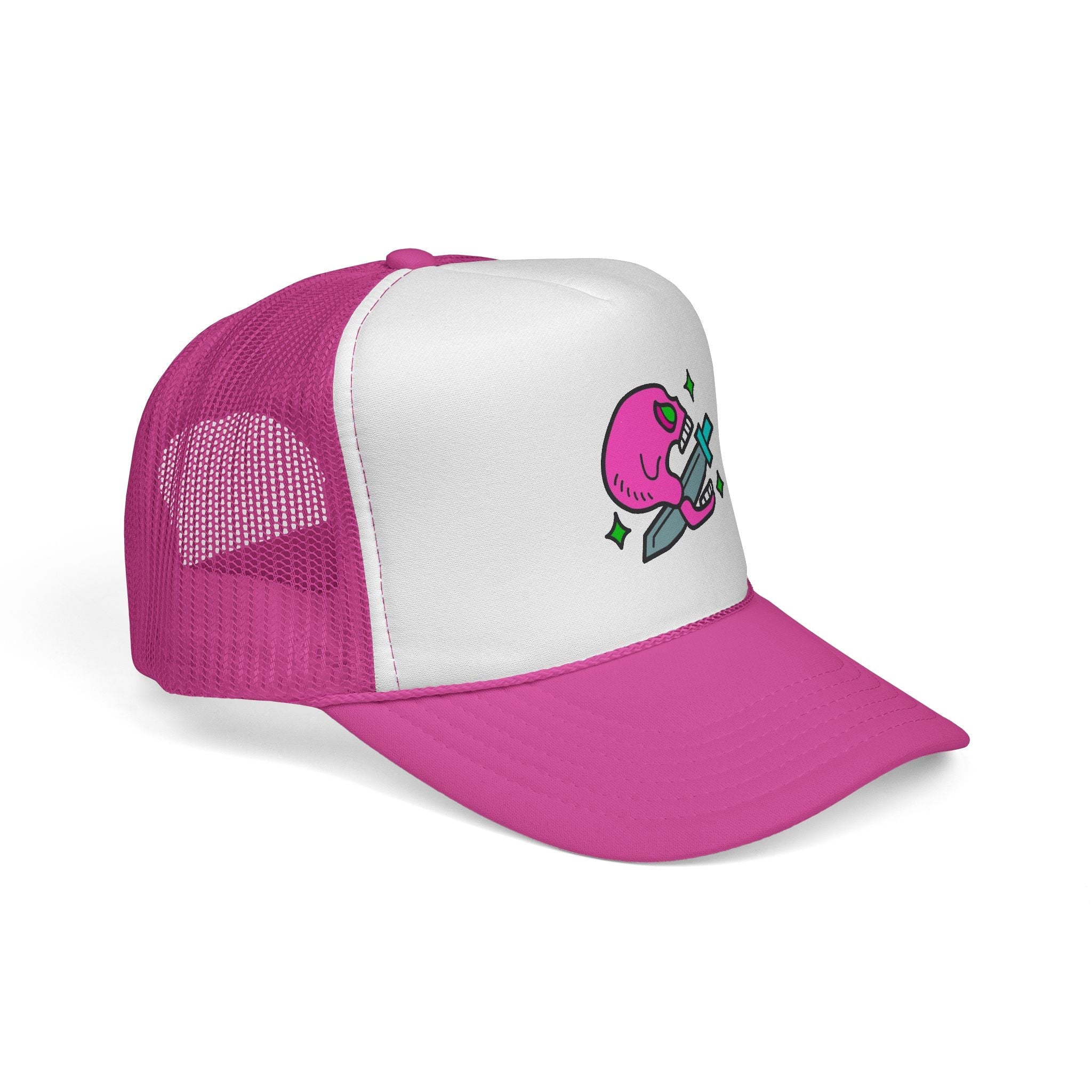 Pink Skull Dagger Trucker Cap — Retro Edgy Mesh Hat for Streetwear & Gifts