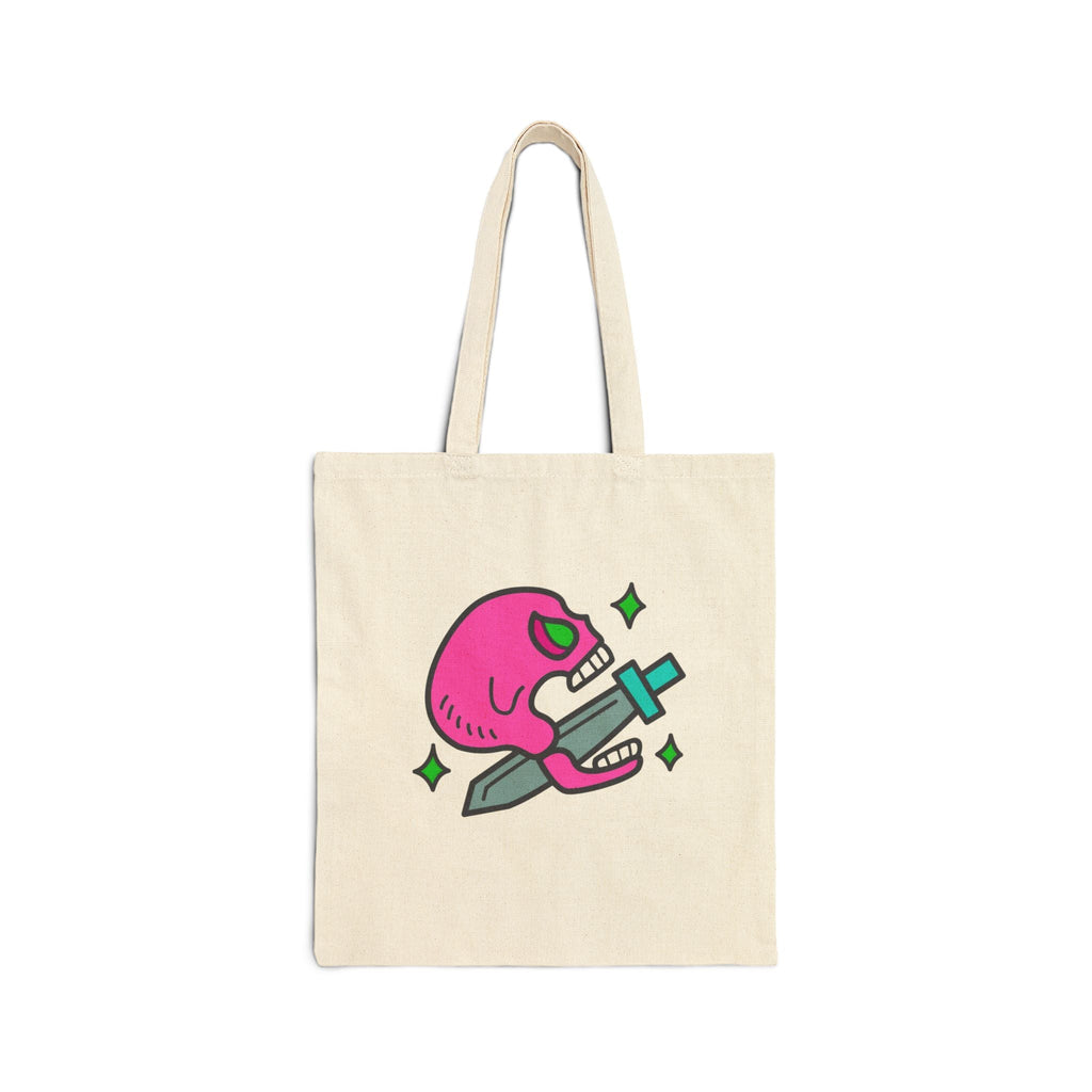 Pink Skull & Dagger Tote Bag — Cotton Canvas Tote with Funky Tattoo Art