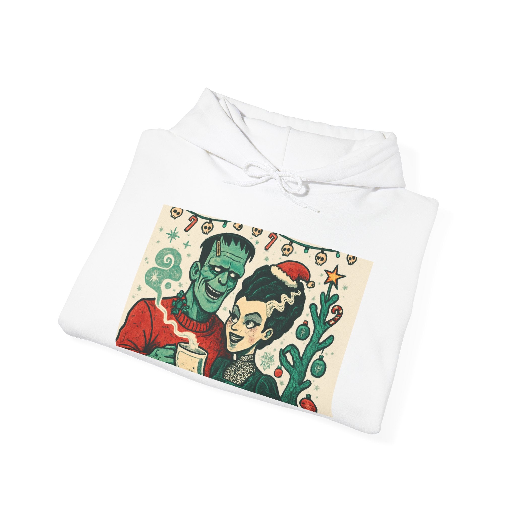 Christmas Frankenstein & Bride Hoodie — "Have a Morbid Little Christmas" Sleeve Print