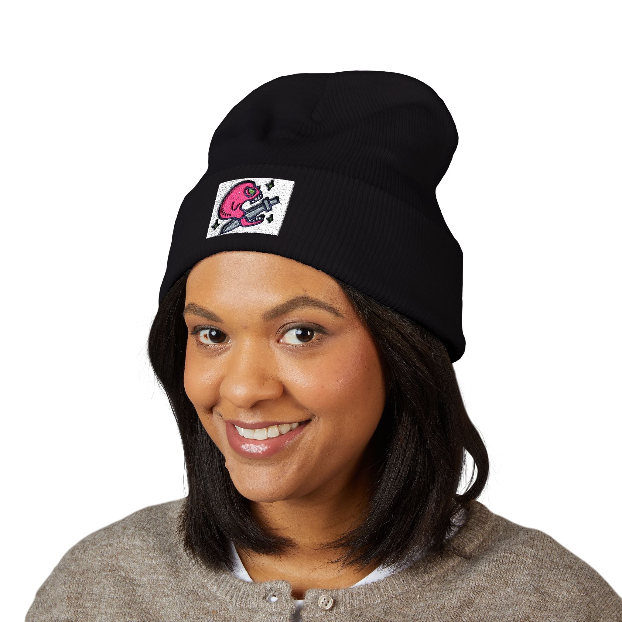 Embroidered Pink Alien Guitar Beanie – Cute Space Music Cuffed Hat