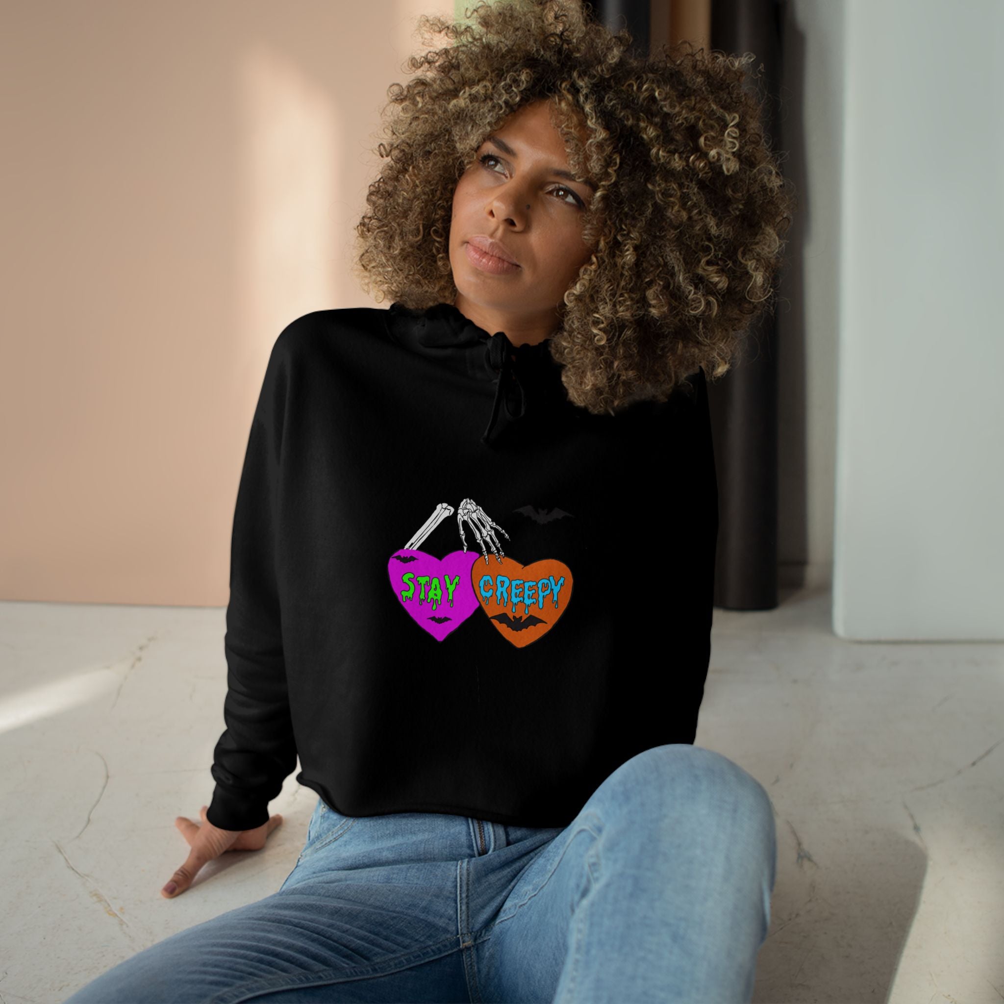 Stay Creepy Heart Crop Hoodie — Cute Spooky Halloween Crop Top