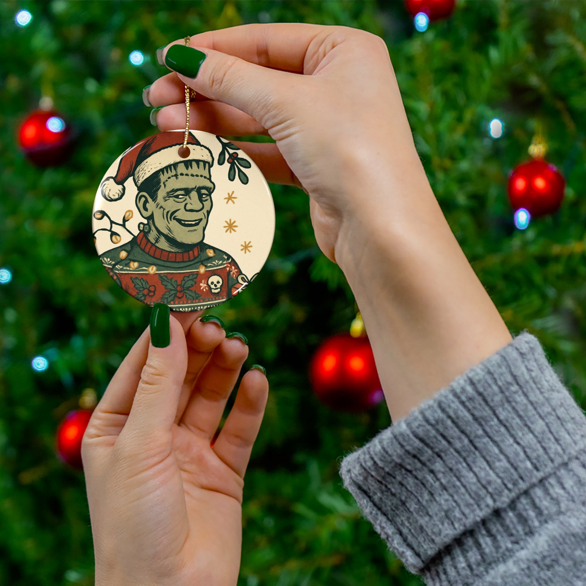 Frankenstein Ugly Christmas Sweater Ceramic Ornament