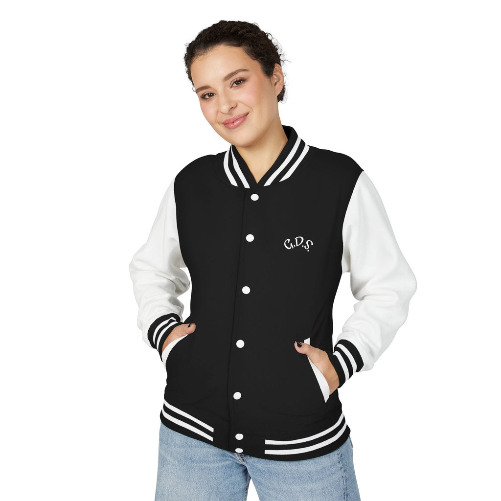Classic Black & White Letterman Jacket — Minimal Script Logo