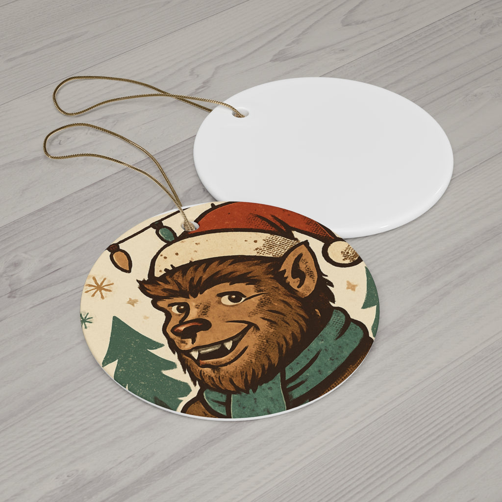 Werewolf Santa Ceramic Ornament — Holiday Animal Christmas Tree Decoration