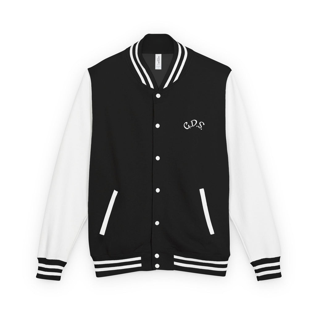 Classic Black & White Letterman Jacket — Minimal Script Logo