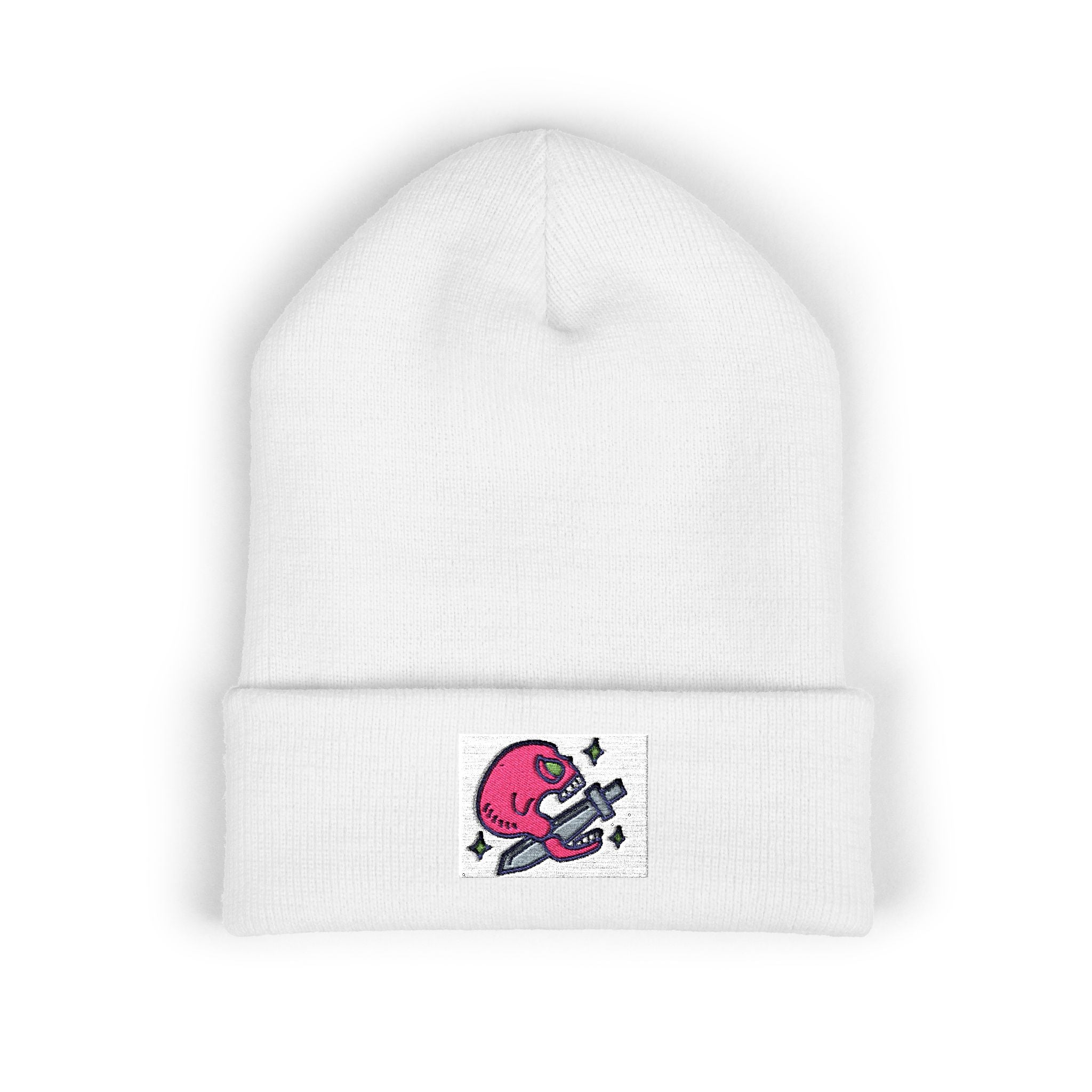 Embroidered Pink Alien Guitar Beanie – Cute Space Music Cuffed Hat