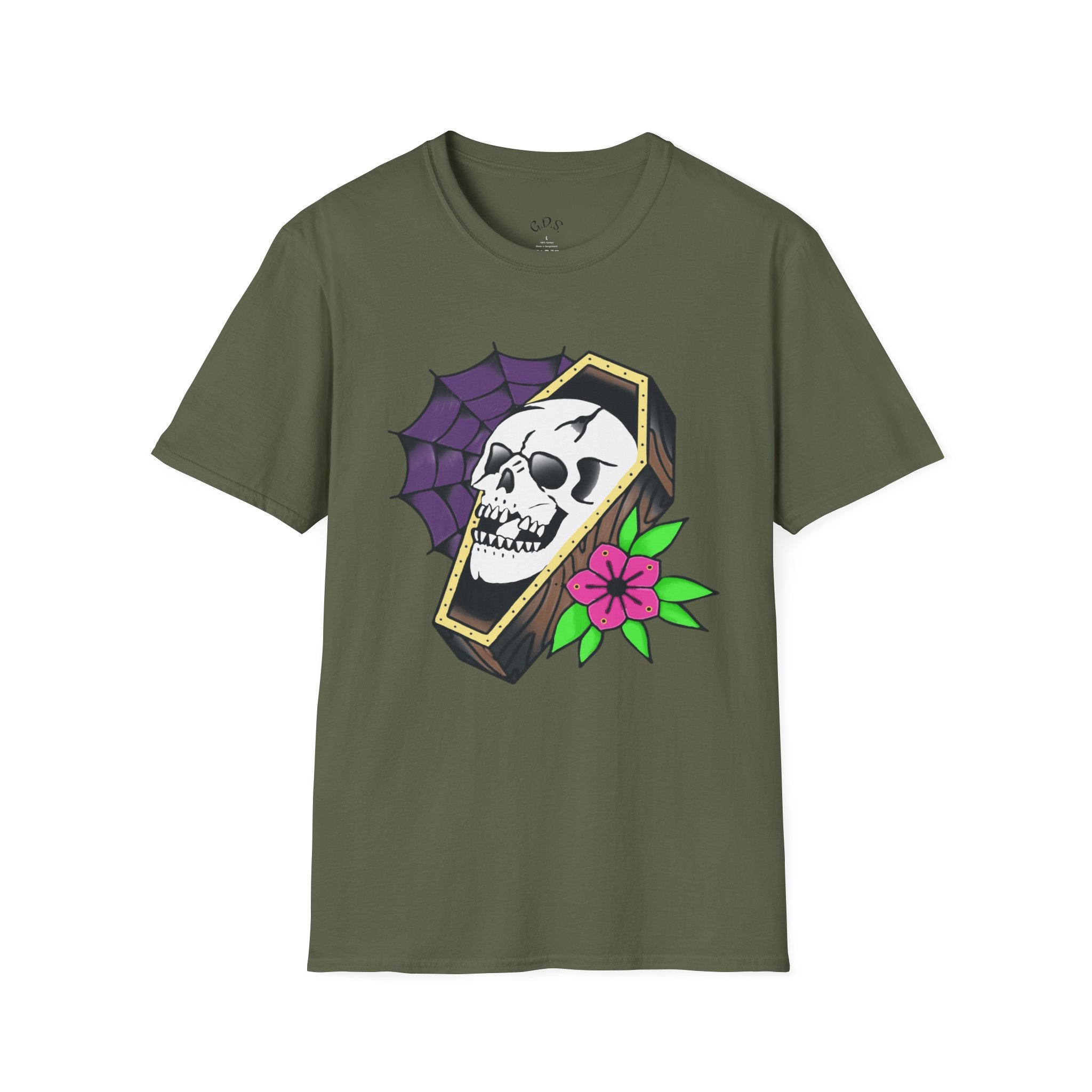 Skull Coffin T-Shirt — Gothic Floral Halloween Tee