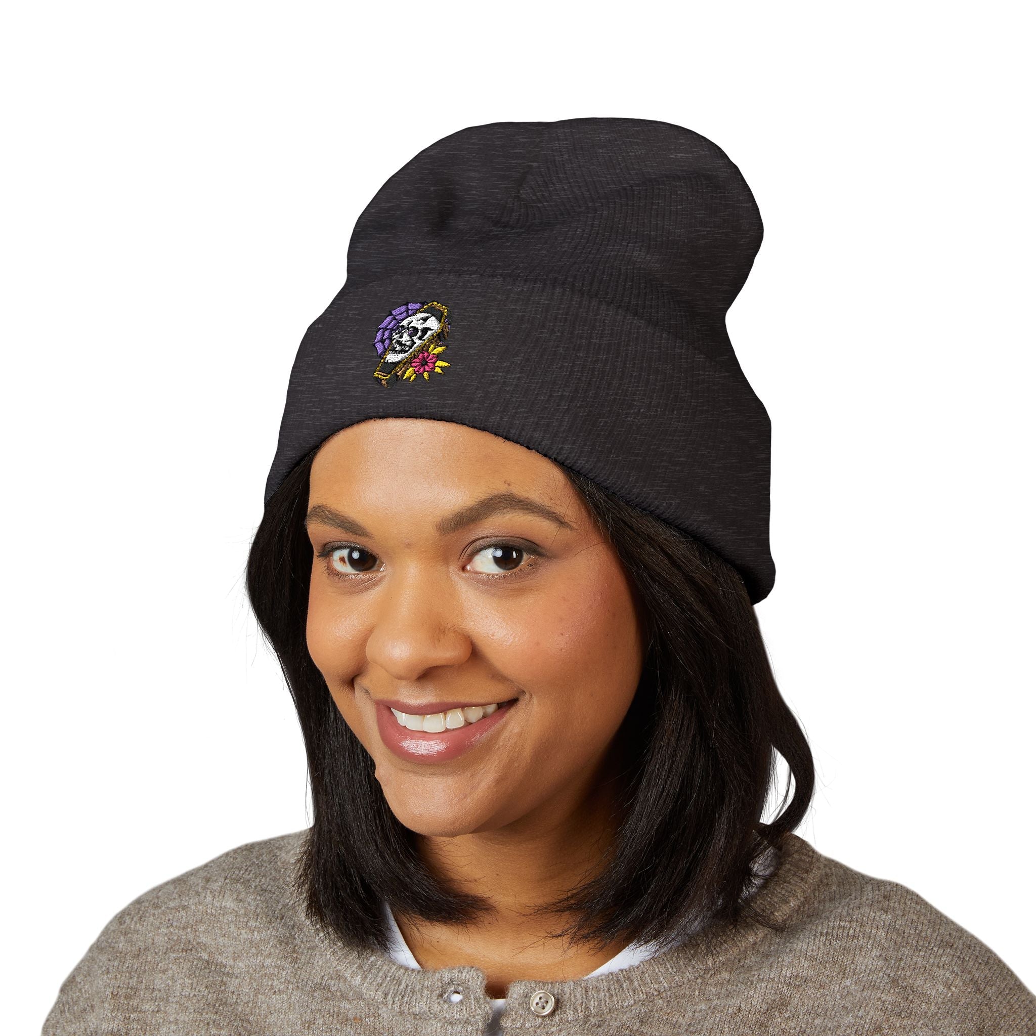 Embroidered Floral Skull Cuffed Beanie