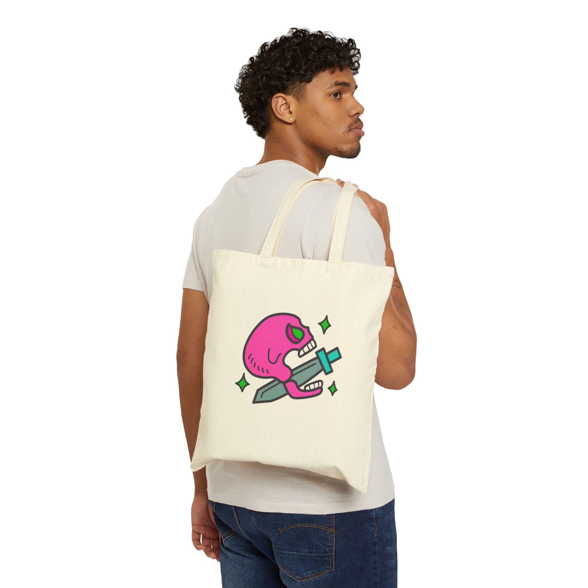 Pink Skull & Dagger Tote Bag — Cotton Canvas Tote with Funky Tattoo Art