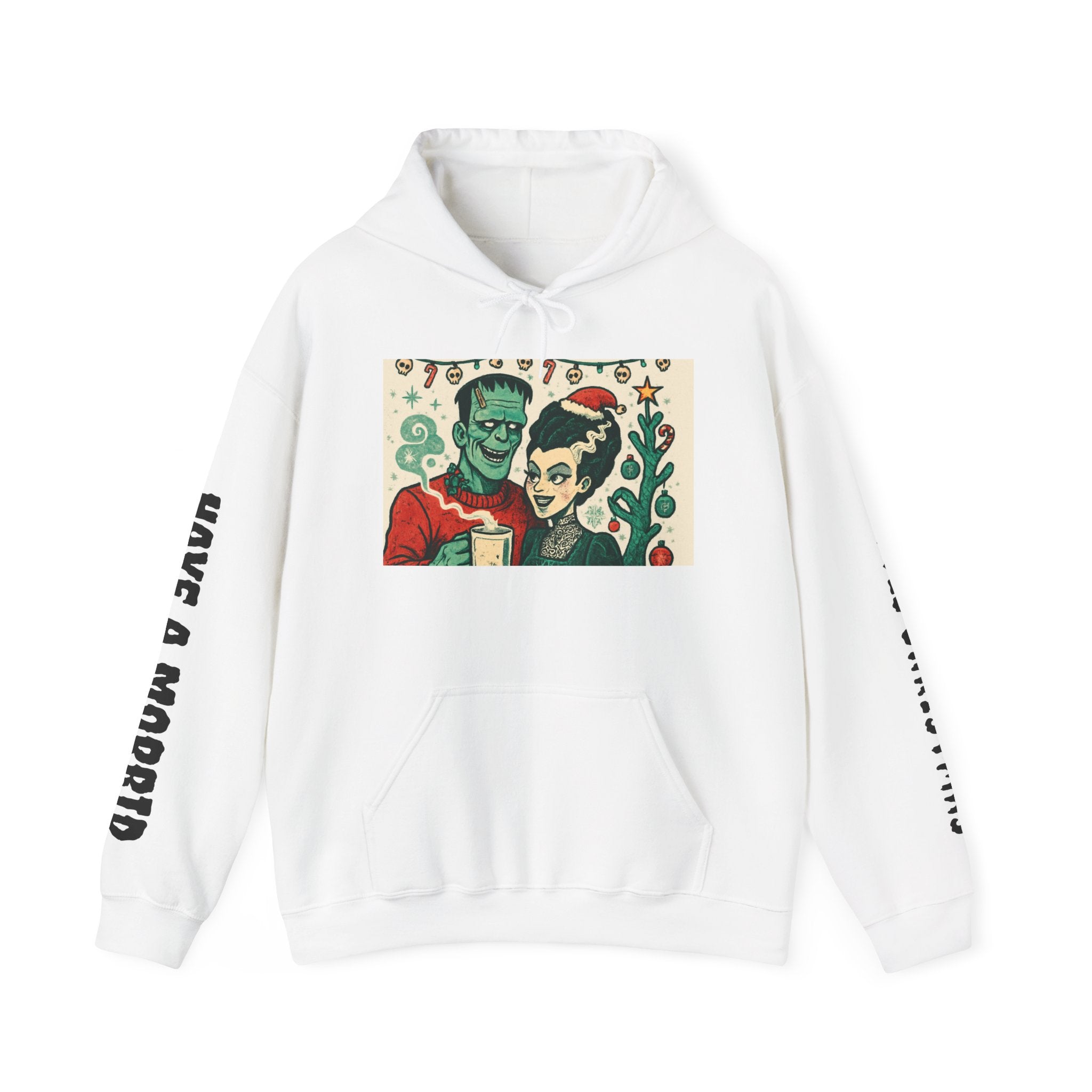 Christmas Frankenstein & Bride Hoodie — "Have a Morbid Little Christmas" Sleeve Print